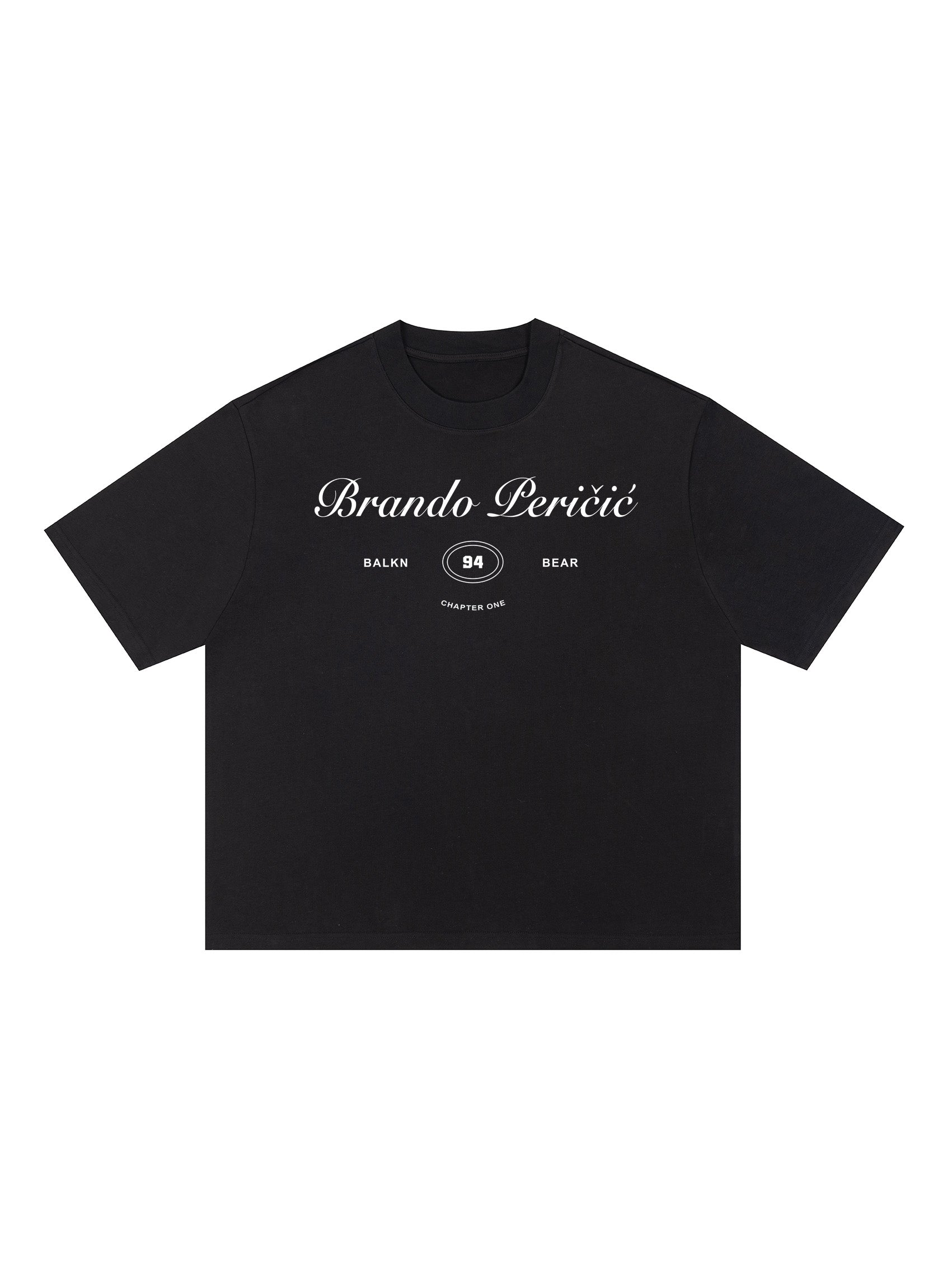 Black t-shirt with white text and logos on a white background