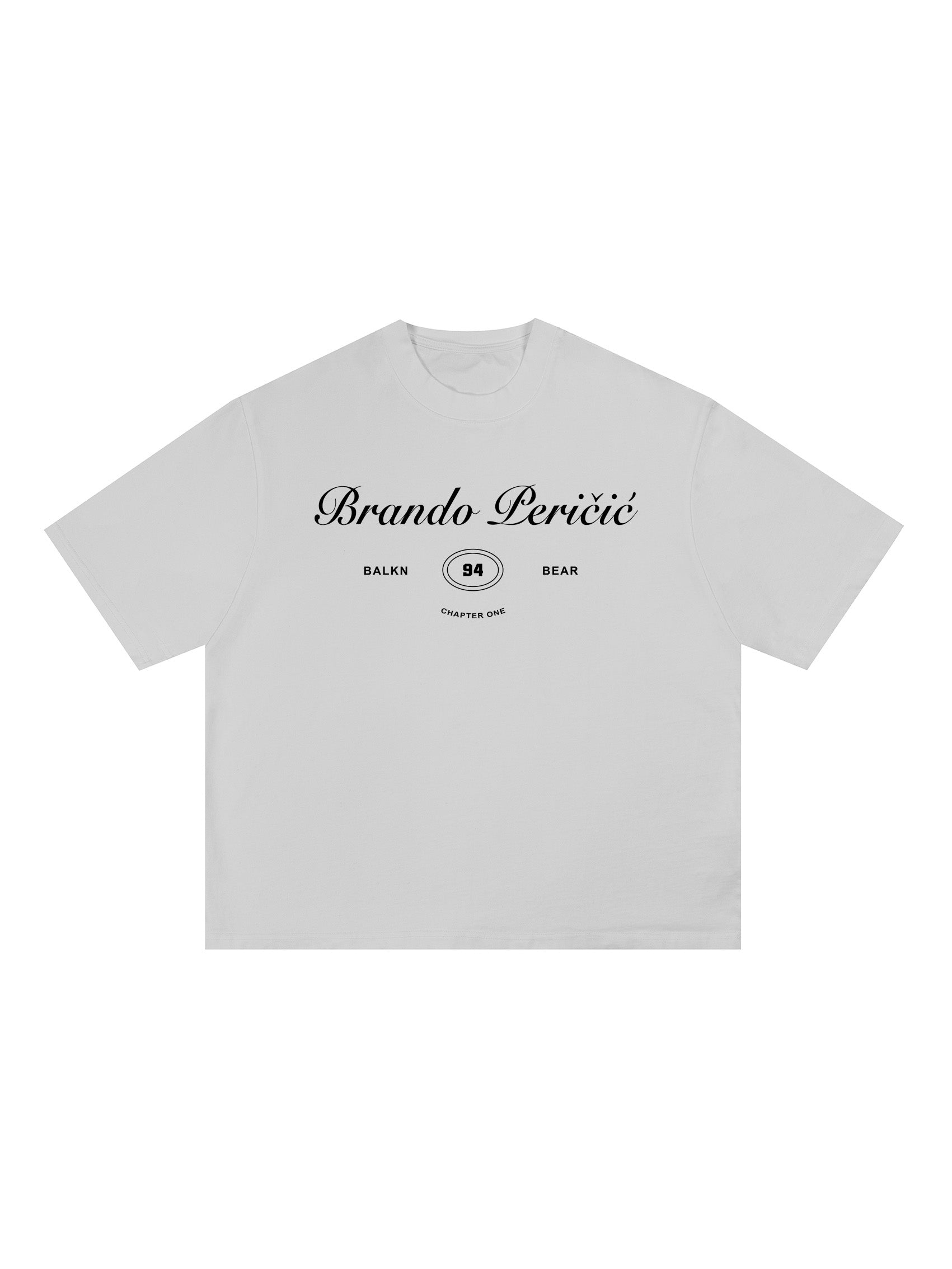 White t-shirt with black text on a white background